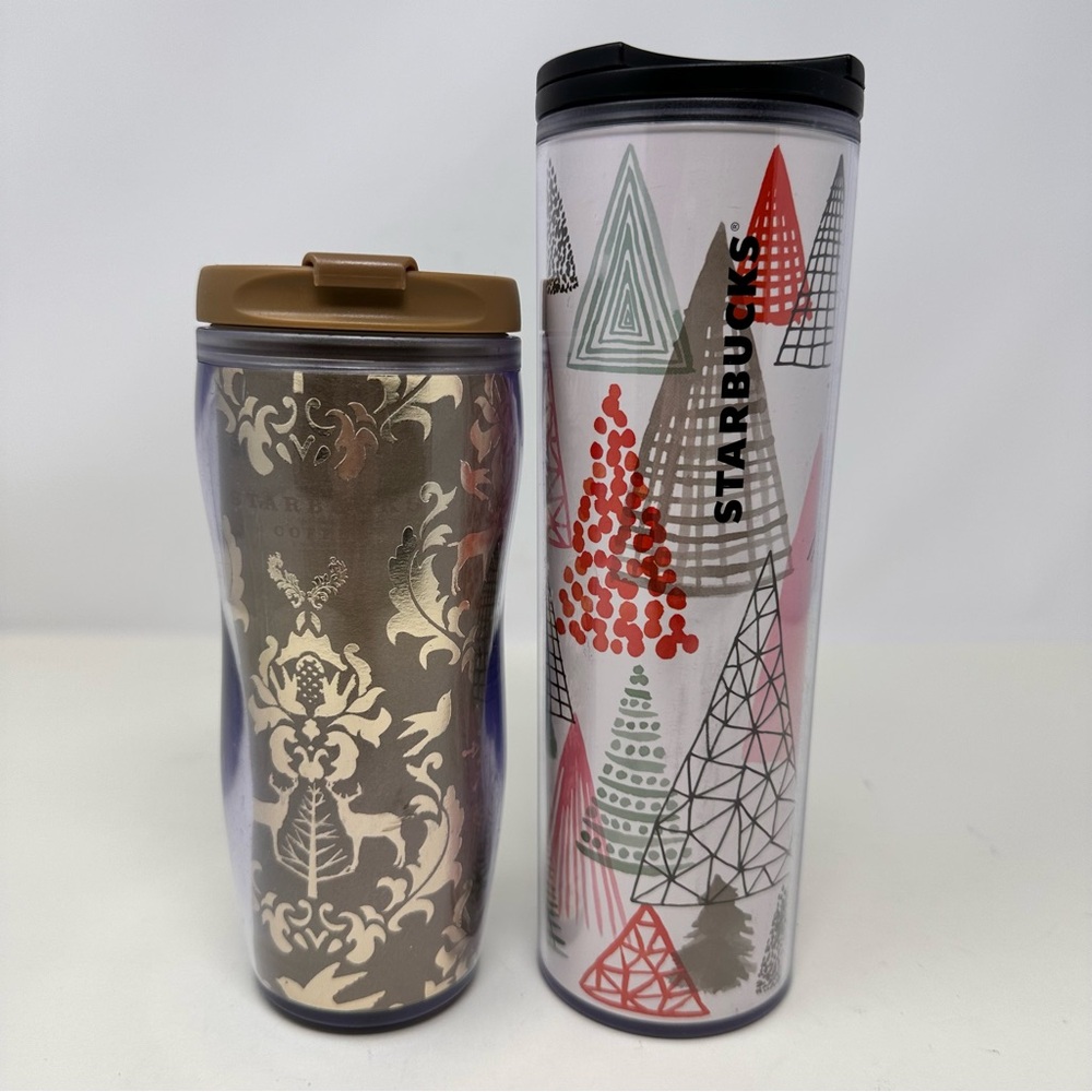 Starbucks Tumbler Hot Cold Insulated Cups Gold Reindeer and Tree